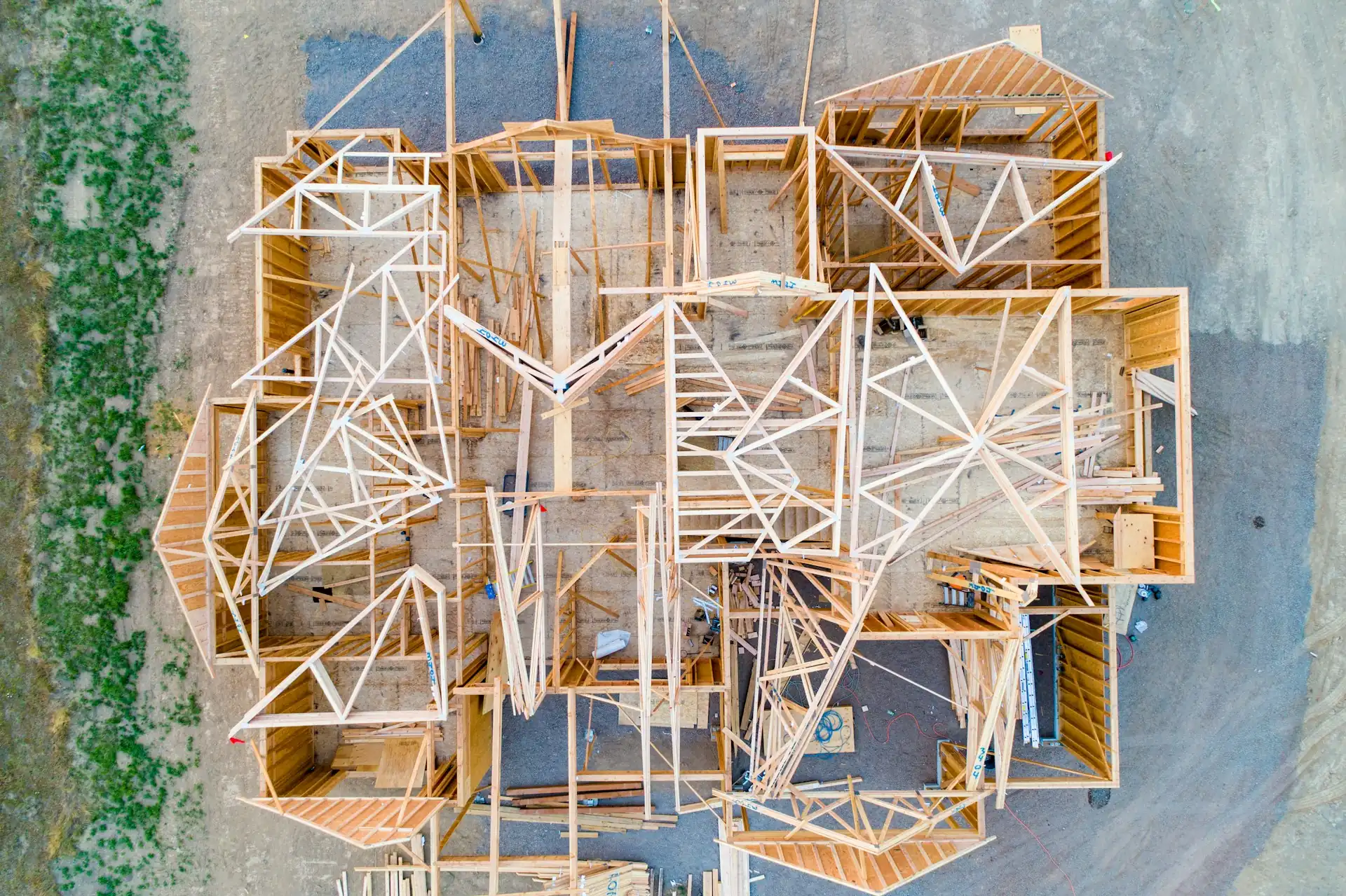 Aerial view of a house being framed