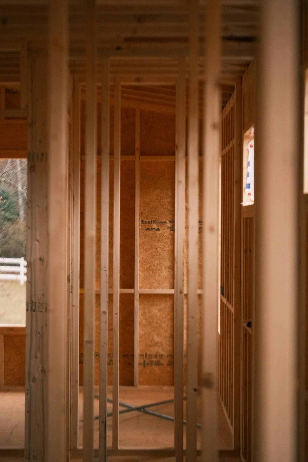 Wood-framed interior of a building under construction