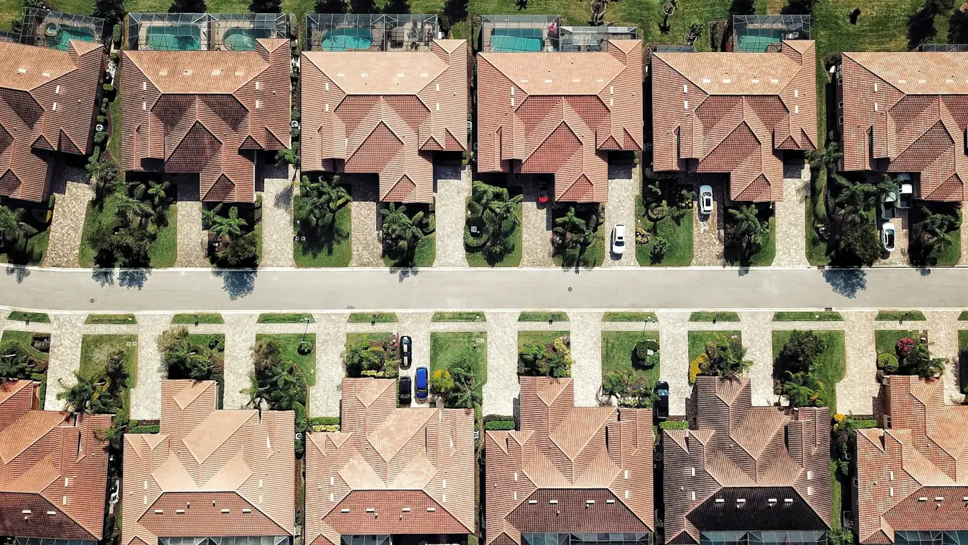 Aerial view of a planned community of single-family homes