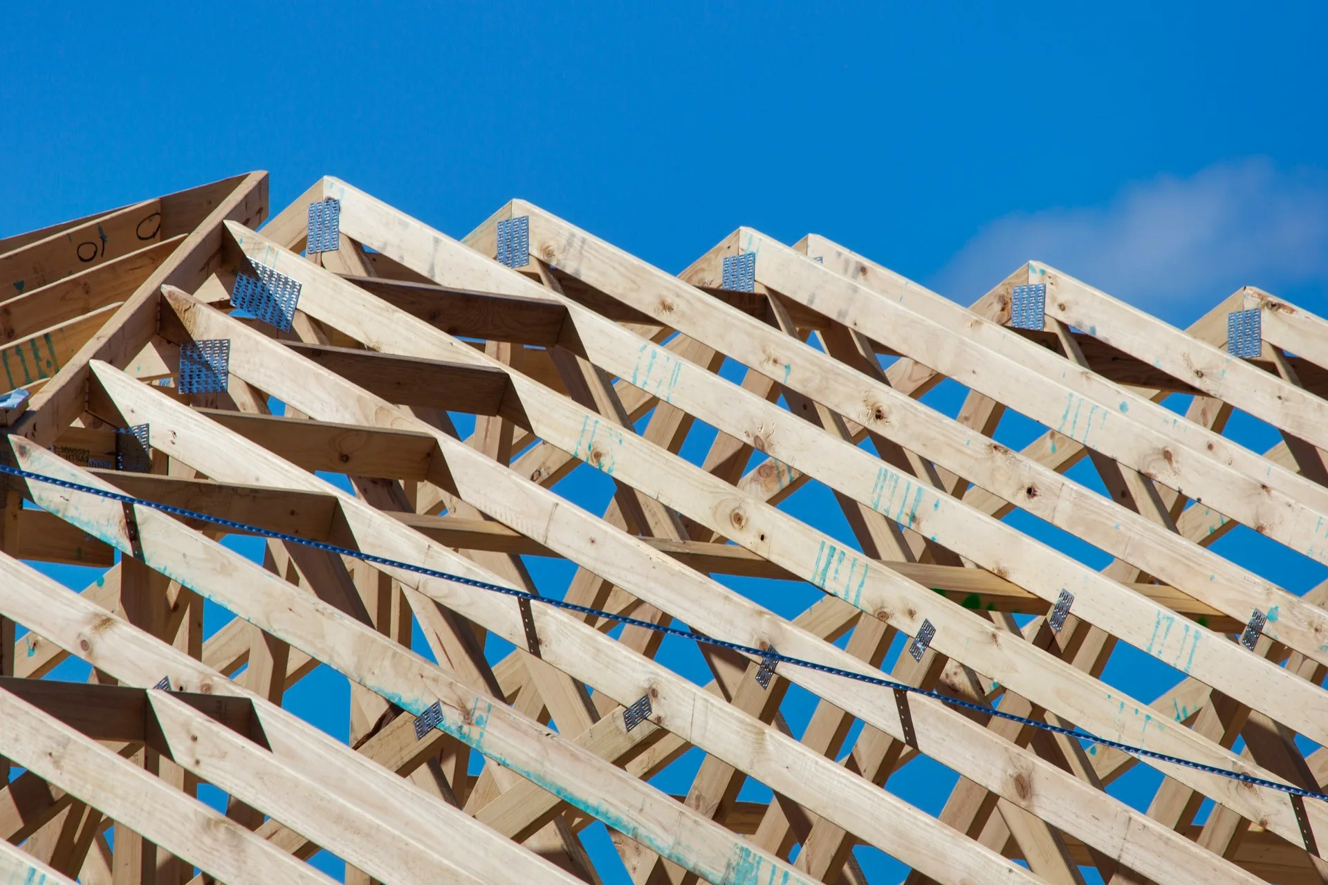 Roof truss webs and chords against a clear sky
